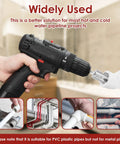 Premium Carbon Steel PVC Pipe Threader Kit For 1/2, 3/4 And One Inch Plastic Pipe Taps used with electric drill on pipe.
