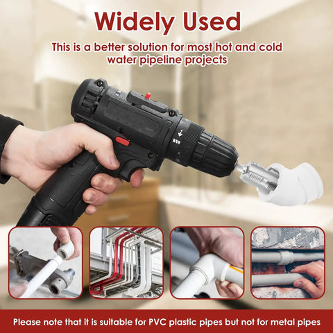 Premium Carbon Steel PVC Pipe Threader Kit For 1/2, 3/4 And One Inch Plastic Pipe Taps used with electric drill on pipe.