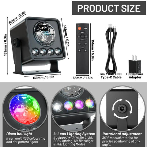 Disco Ball Party Lights 5 In 1 Sunset Light System with accessories, showing dimensions and remote control features.