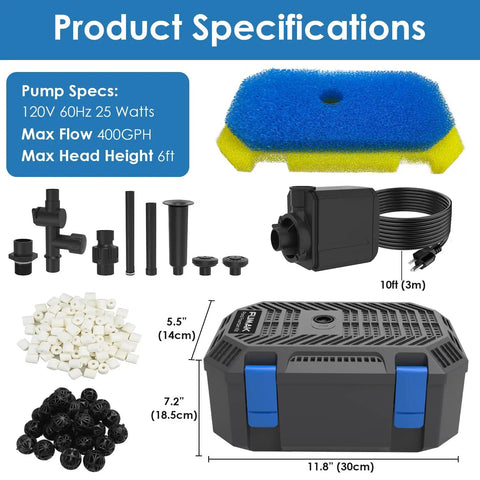All In One Pond Fountain Kit With 3 Spray Heads And 400 GPH Pump, 4 Stage Filtration parts and specifications display.
