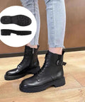 Person wearing black boots with Non Slip Rubber Sole Replacement For Shoes 1 Pair Black Full Outsole Protector shown in inset.