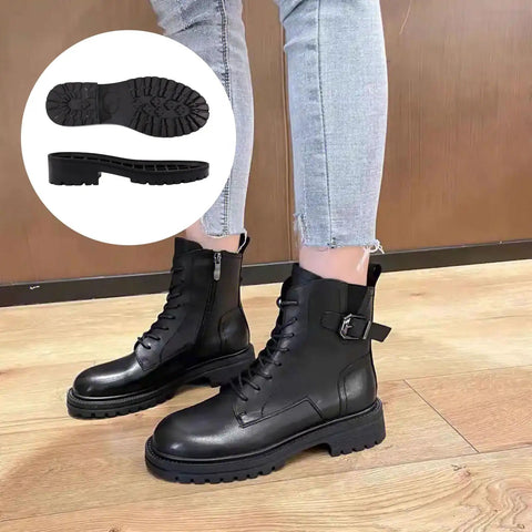 Person wearing black boots with Non Slip Rubber Sole Replacement For Shoes 1 Pair Black Full Outsole Protector shown in inset.