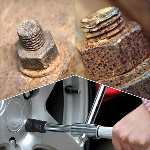 Garage Ready 5 Piece Twist Socket Set with Center Punch Bar for Stubborn Lug Nut Removal Metric 17Mm Through 22Mm showing rusted bolts and socket usage.