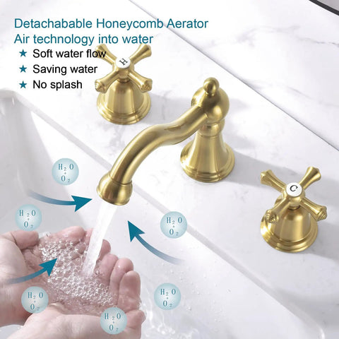 Brushed Gold Widespread Bathroom Faucet 8 Inch 3 Hole With Two Cross Handle Knobs And Drain For Vanity Sink Tap Vintage Classic Style Upgrade Your Bath Game With Long Lasting Shine And Easy Maintenance demonstrating soft water flow over a sink