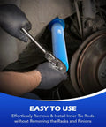 Using the DIY Ready Inner Tie Rod Removal Tool Kit With 12 Crowfoot Adapters And One Half Inch Drive Tube on a car's wheel area