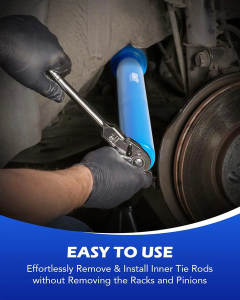Using the DIY Ready Inner Tie Rod Removal Tool Kit With 12 Crowfoot Adapters And One Half Inch Drive Tube on a car's wheel area