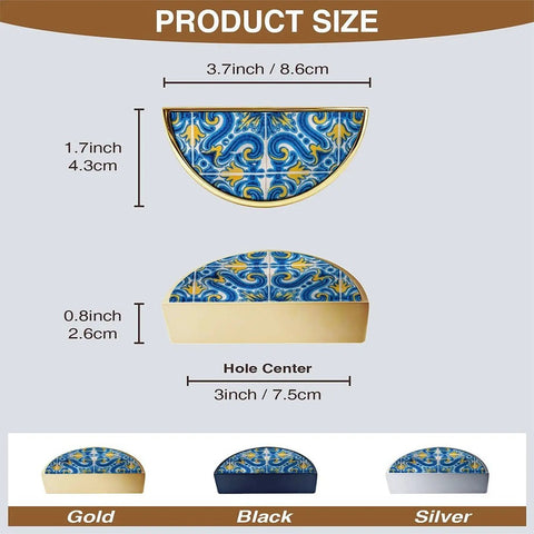 Azulejo Style Portuguese Tile Cabinet Handles 2 Pack 3 Inch Center Hole Semicircle Drawer Pulls size chart with gold finish.