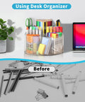 Six-Compartment Spinning Acrylic Desk Organizer for Kids and Crafters, arranging markers, pens, crayons, glue, and scissors on desk