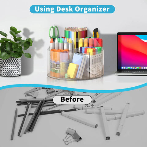 Six-Compartment Spinning Acrylic Desk Organizer for Kids and Crafters, arranging markers, pens, crayons, glue, and scissors on desk