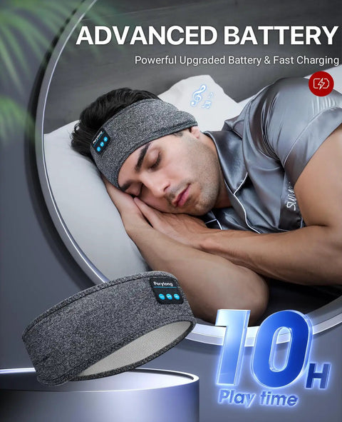 Person sleeping with Comfy Sleep Headphones Wireless Headband With Bluetooth 5 Point 4 And Ultra Thin HD Stereo Speakers in grey
