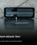 Rear grease tray of Digital Electric Vertical BBQ Smoker With Patented Side Wood Chip Loader And Chrome Racks 710 Square Inches