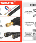 Comparison chart of pressure washer gun features with stainless steel wand, brass connector, and M22 fitting.