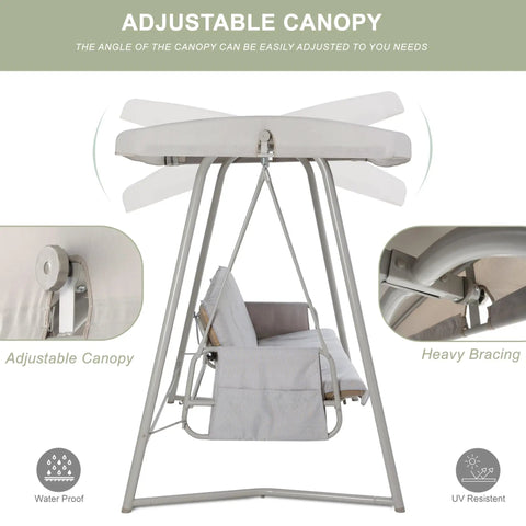 Side view of oversized outdoor porch swing with adjustable backrest and canopy, showing heavy bracing, 2-in-1 swing bed.