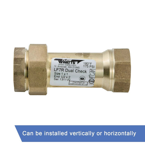 Watts LF7R dual check valve, 1 in, brass body with FIP connections, side view