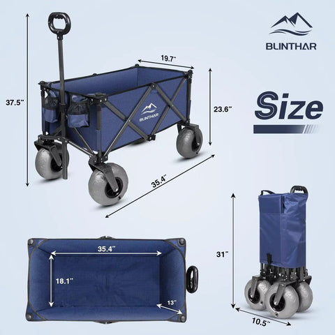 Heavy Duty Beach Wagon With Big Sand Wheels, Collapsible Folding Cart For Sand, All Terrain 9 Inch Pneumatic Balloon Tires