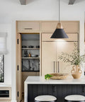 Solid Wood Matte Black Pendant Lights Three Pack For Kitchen Island And Dining Room Modern Ceiling Hanging Lamps For Bar And Coffee Bar Minimalist Wood And Metal Design Warm Ambience over a modern kitchen island