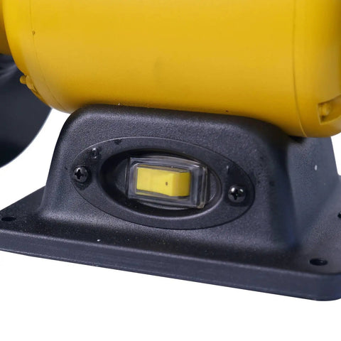 Close-up of a yellow High Speed Bench Grinder And Belt Sander Combo With Two Point Five Amp Motor switch on a black base