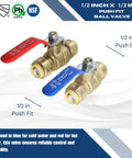 10 Pack Half Inch Push Fit Ball Valves With Clips Full Port Brass NSF ANSI 61 Certified with color coded blue and red handles.