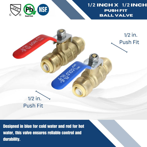 10 Pack Half Inch Push Fit Ball Valves With Clips Full Port Brass NSF ANSI 61 Certified with color coded blue and red handles.