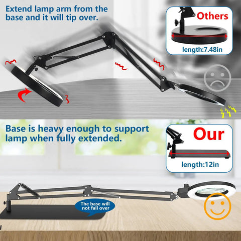 Comparison of 2 In 1 LED Magnifier With Light Desk Lamp Clamp Stand, showing stability of 12-inch base over 7.48-inch base