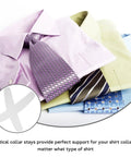 Ten Pack Plastic Collar Stays With White Tips For Mens Dress Shirts And Suits Durable Collar Supports displayed with dress shirts.