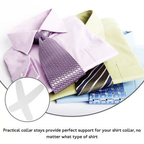 Ten Pack Plastic Collar Stays With White Tips For Mens Dress Shirts And Suits Durable Collar Supports displayed with dress shirts.