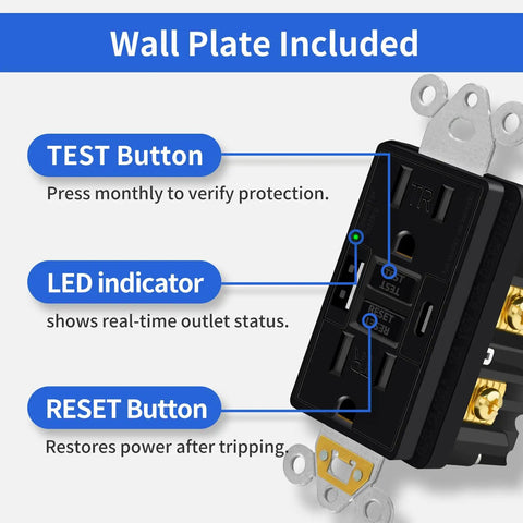 10 Pack Black 15A GFCI Outlet With Dual USB Type A And C Ports, showing test, reset buttons, and LED indicator features.