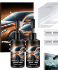 Windshield Chip And Crack Repair Kit 2 Set With Quick Glass Repair Fluid showing bottles, blades, and plastic tabs.