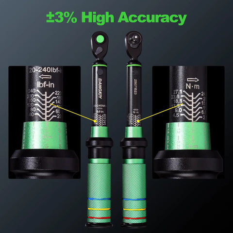 Ultra Precise Mini 1/4 Inch Torque Wrench For Bike, 20 To 240 Inch Pounds Range, 2.3 To 27.1 Newton Meters, Lightweight With 3 Degree Curved Ratchet Head, Quick Release Button, Anti Slip Ergonomic Handle, Ready For Gearheads with dual scale markings
