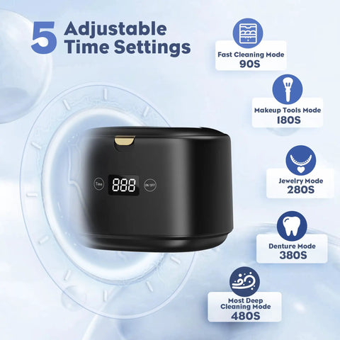 Heavy Duty Ultrasonic Retainer Cleaner Featuring 30 Watt Deep Clean Tech and Roomy Water Tank showing 5 adjustable time settings.