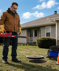 Person using 512Hz Locator And 512Hz Sonde Transmitter Kit for sewer inspection near a manhole outside a house