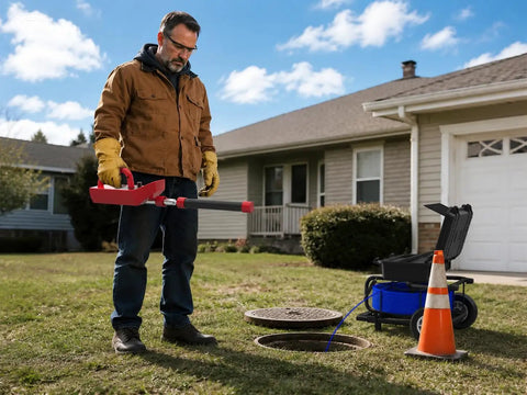 Person using 512Hz Locator And 512Hz Sonde Transmitter Kit for sewer inspection near a manhole outside a house