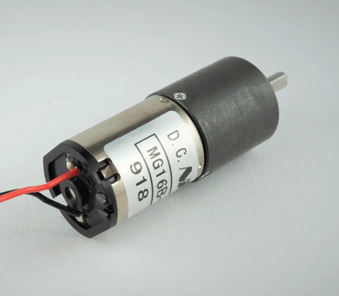 16mm 12V Geared DC Motor With 1/256 Gear Ratio, shown close-up with metal casing, wires, and compact design.