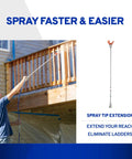 Lightweight 10 Inch Aluminum Spray Gun Extension in use for high ceilings, shown with RAC IV Tip Guard and ladder-free setup.