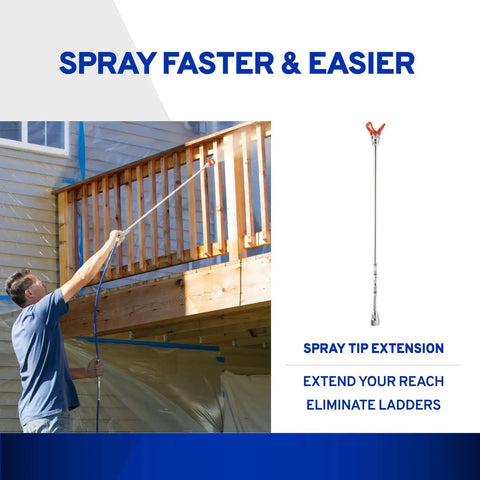 Lightweight 10 Inch Aluminum Spray Gun Extension in use for high ceilings, shown with RAC IV Tip Guard and ladder-free setup.