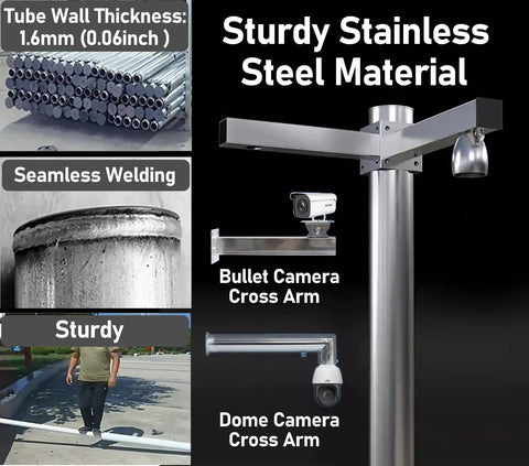 Heavy Duty Stainless Steel Surveillance Stand With Camera Mount Pole Bracket, Portable Wide View Post Kit For Outdoor Use, Adjustable Height From 6.5 Ft To 19.6 Ft, 4 Way Panel Design For Wide Coverage On Schools, Backyards, Porches And Walkways