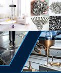 Various metal machining and CNC processes showcasing metal cutting, drilling, and finished metal products in a manufacturing setting.