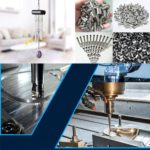 Various metal machining and CNC processes showcasing metal cutting, drilling, and finished metal products in a manufacturing setting.