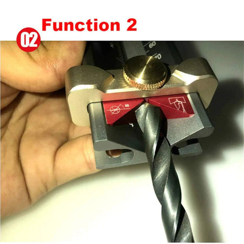 Close-up of the Three In One Handy Measuring Gauge Set For Drills, showing drill bit angle measurement.