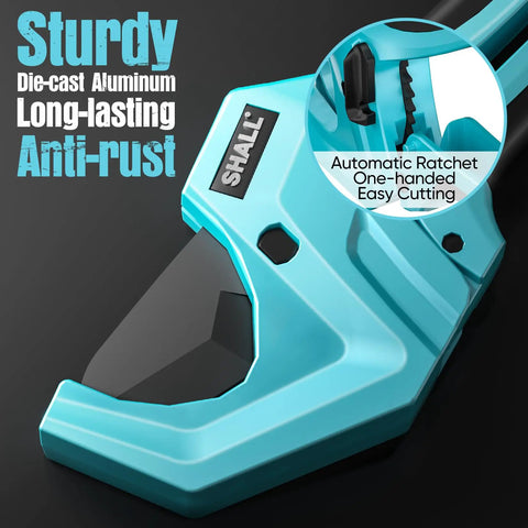 Heavy Duty Aluminum PVC Pipe Cutter Ratchet Tool With SK5 Blade Cuts Up To Two And A Half Inches Works On PVC PPR PE PEX Plastic Hoses And Pipes Teflon Coated Edge For A Cleaner Cut Built Tough Plumbing Upgrade