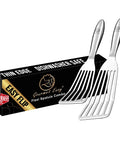 Stainless steel fish spatula set with 1 large fish turner and 1 small slotted spatula; dishwasher-safe kitchen utensils.