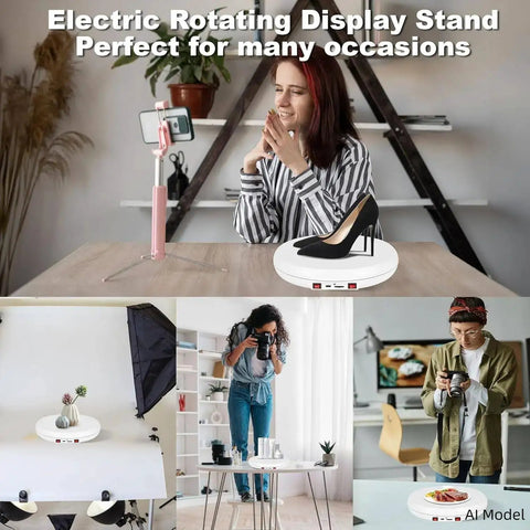 Rotating Display Stand With 10 Inch LED Light Turntable Base Black Spinning Platform for showcasing jewelry and shoes.