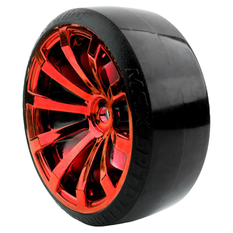 Close-up of a 4 Pack 2.45 Inch Hard Plastic RC Drift Tire with red 12mm hex bald wheel for 1 to 10 scale RC cars and trucks