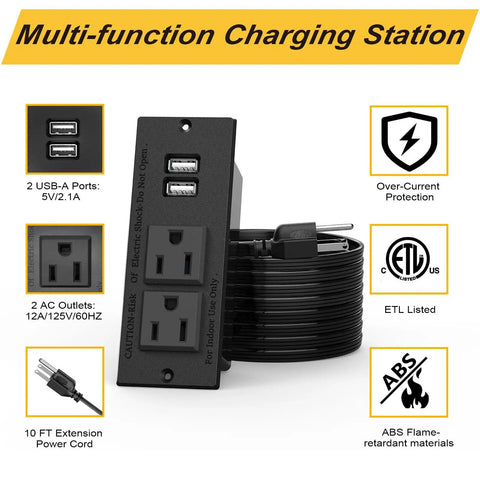 Flush Mount Desk Power Strip With Recessed Grommet 2 Outlets And 2 USB Ports 9.85 Ft Extension Cord ETL Listed, black design