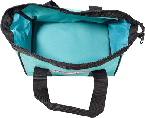 Open view of turquoise 11 Inch Contractor Tool Bag for small power tools, showing spacious interior, Tough As Nails, Portable Tote.
