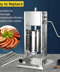 4-Pack Universal Sausage Stuffer Tubes with four diameters for LEM 606 series, shown with stuffer machine and assorted sausages