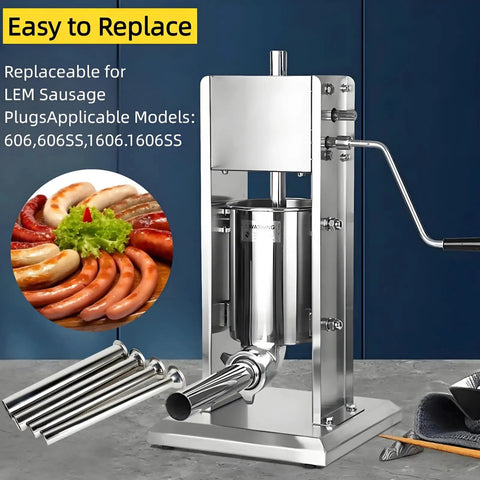 4-Pack Universal Sausage Stuffer Tubes with four diameters for LEM 606 series, shown with stuffer machine and assorted sausages