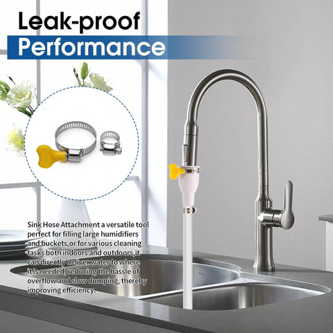 No Sweat Faucet Hose Adapter With Adjustable Ring For Kitchen Sink And Garden Spraying Heavy Duty Reinforced Tube connected to faucet.