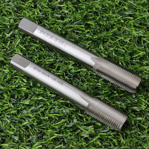 9/16-20 HSS Tap Set for Bicycle Crank Repair with left and right threaded taps on green background