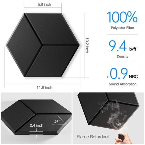 Twelve Pack Peel And Stick Acoustic Wall Panels High Density Sound Proof Foam Tiles Black, hexagon shape with dimensions for sound control.